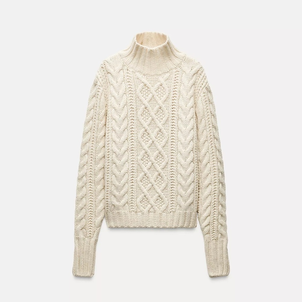 Zara Cream Cable Knit Turtleneck Sweater